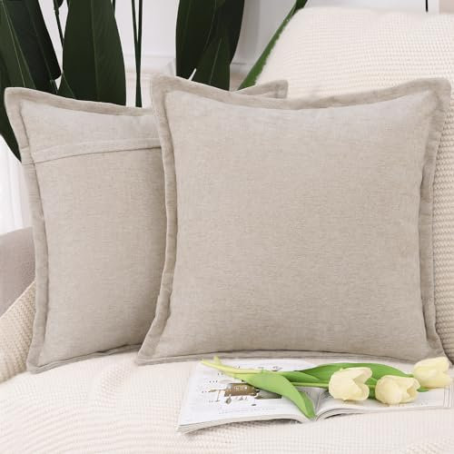 Madizz 2er Set Fransen Chenille Schlicht Zierkissenbezüge Modern Kissenbezug Kissenhülle Sofakissen Lendenkissen für Sofa Schlafzimmer Leichtes Taupe 50x50 cm