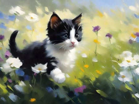 Acryl-Bild 90 x 70 cm: Ein süßes schwarz-weißes Kätzchen spielt auf einer Blumenwiese. Ölgemälde-Stil. Impressionismus. Generative KI. (209531088)