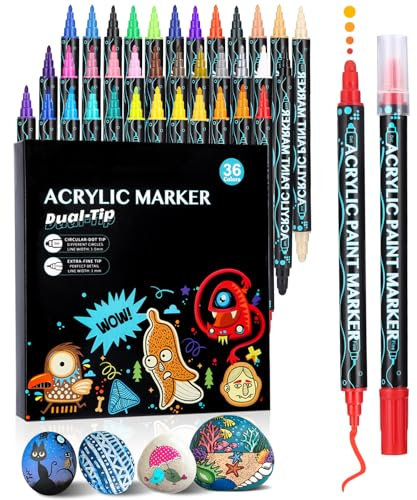 Acrylstifte für Steine Wasserfest,acrylfarben stifte,36 Stifte Dual Tip Acrylfarben Stifte Steine Bemalen Set,acrylfarben für Steine Holz,Glas,Leinwand,Stein,Stoff,DIY Fotoalben,Keramik