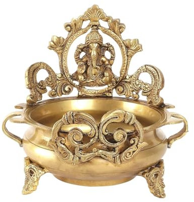 Generic Brass Ethnic Carved Ganesha Design 7 Inches Brass Urli Decor Bowl, Golden, Urli Bowl for Home Decor, Uruli for Flower Decoration, Brass Pot, Brass Bowls for Pooja, Standard, Pack of 1