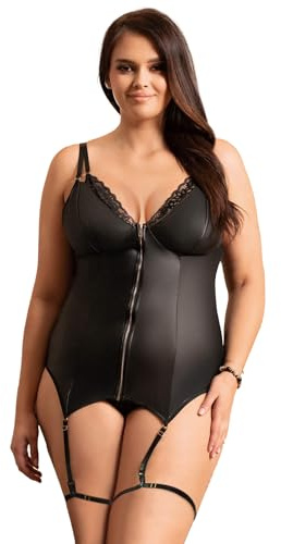 comeondear Lederkleid Damen Sexy Wetlook PU-Leder Strapsen Dessous Frauen Große Größe Minikleid Partykleid Curvy Reißverschluss vorne Kunstleder Kleid mit V-Ausschnitt Reizwäsche Clubwear(XXL,Schwarz)