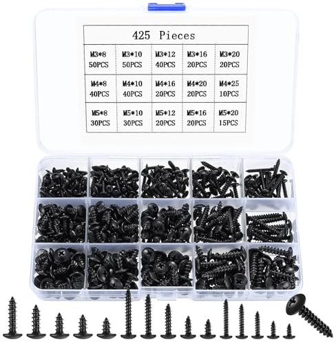 425 Pcs Large Round Self Tapping Screws, M3 M4 M5 Black Wood Screws Assortment, Wafer Head Self-tapping Cross Pan Truss Head Self Drilling Screw for Sheet Metal Plast