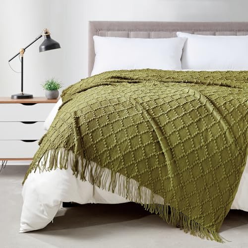 BOURINA Throw Blanket Textured Solid Soft Throws and Blankets for Sofa or Bed Knitted Decorative Blanket 127x178cm Olive