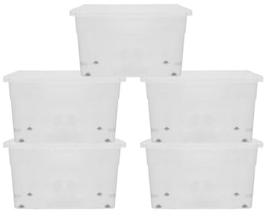 simpa 60 Litre 60L Stackable Plastic Wheeled Storage Box with Clear Lids - 35cm (H) x 60cm (L) x 40cm (W) - Set of 5 Boxes