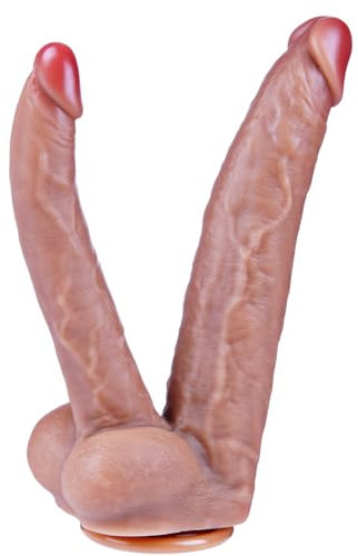 Dildo doppio di 26 cm, doppia penetrazione vaginale e anale, dildo realistico con base a ventosa potente, dildo G-spot in silicone, plug vaginale e anale XXL rinforzato, adatto per coppie lesbiche