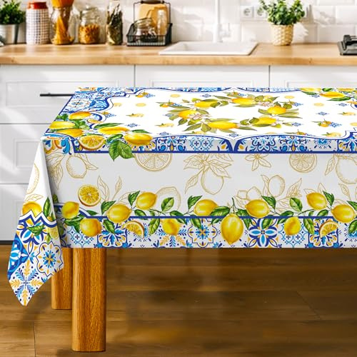 Unibyby Zitronen-Tischdecke, rechteckig, 152,4 x 213,3 cm, Gelb und Blau, mediterrane Sommerdekoration, Fliesen-Blumenmuster, Tischdecke, italienisches Thema, Dekoration für Party, längliche