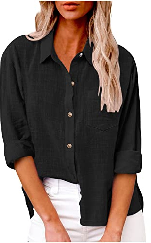 AEGJEGVD Chemise Lin Femme Manches Longues Chemisier Coton et Lin pour Femmes Col en V Bouton Tops Couleur Unie Respirant T-Shirts Chemisiers et Blouses Grande Taille Pas Casual Tunique Blouse Soldes