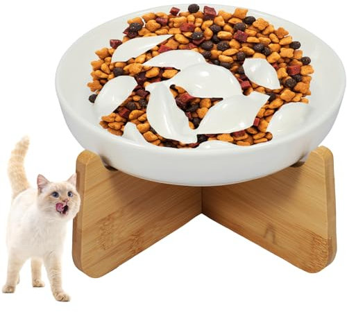Gamelle Anti Glouton Chat Ceramique avec Bambou Support Gamelle SuréLevéE pour Chat Anti-Vomissement Incliné à 15° Bol pour Chaton Manger Lentement