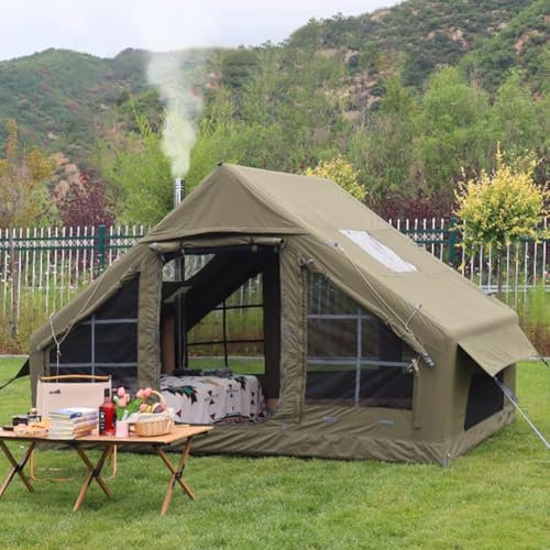 Sport Tent Aufblasbares Zelt Wasserdicht Hauszelt Stehhöhe Haus Luxus Wohnzelt Campingzelt mit Pumpe Ofenloch Luftzelt 4-6 Personen Familienzelt Baumwoll-Leinwand Grün S:300 x 200 x 200c