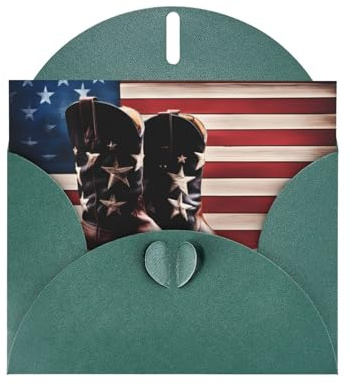 Dunkelgrüne WHJSHOP Amerikanische Flagge mit Cowboystiefel-Drucken, Grußkarte – hochwertiges Perlglanz-Papier, doppelseitig, Perleneffekt, Liebesschnalle, Perlenpapierumschlag