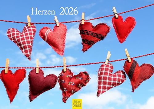 Edition Seidel Premium Kalender Herzen 2026 Format DIN A3 Wandkalender Herz Blumen Steinherz Holzherz Liebe Freundschaft