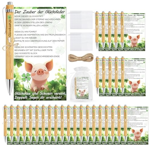 TZEKING 30 Sets Glücksstift Kugelschreiber Holz, Gastgeschenke Hochzeit Holz mit Karte Organza-Beutel, Abschiedsgeschenk für Kollegen Erzieherin Lehrer, Dankeschön Geschenke Kommunion Taufe Geburtstag