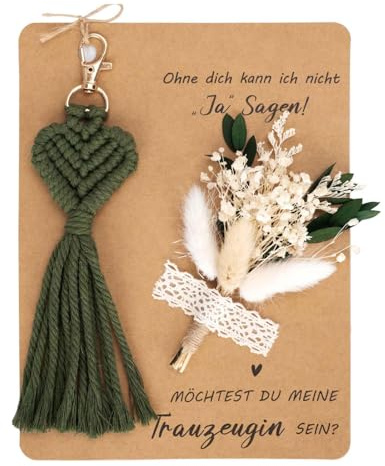 poraceous Trauzeugin Fragen Geschenk, Inklusive Möchtest du Meine Trauzeugin Sein Karte, Trockenblumenstrauß und Makramee Schlüsselanhänger, Personalisierte Geschenkset Brautjungfer