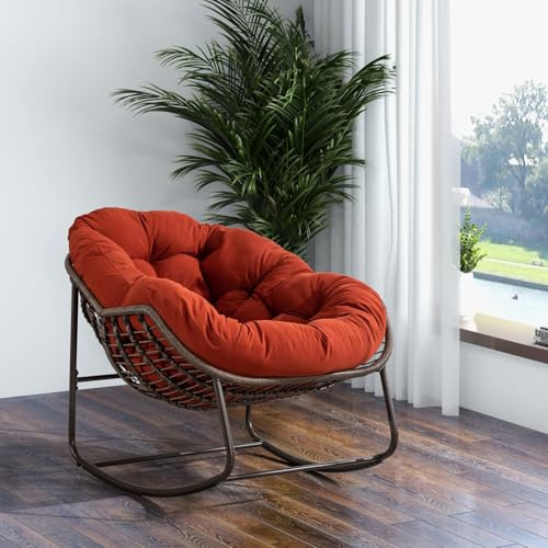 KOMHTOM Schaukelstuhl aus Rattan, für den Außenbereich, Gartensessel, Schaukelstuhl, mit Kissen, Metallstruktur, für Veranda, Wohnzimmer, Terrasse, Garten (Orange)