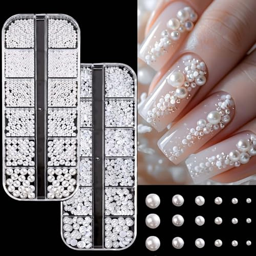 24 Grids Nail Art Charms Pearl Beads,Nail Pearls Round and Half White Pearl Charms for Nails Design Flat Back Pearls for Acrylic Nail Decorations,Crafting Manicure and Crafts