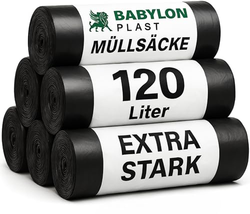 Babylonplast Müllsäcke 120L Extra Starke (80 Stück) Schwarz| Müllbeutel Stabil | Mülltüten Reißfest I 70×110 cm I Recyclingfähig & Umweltfreundlich I Bauschuttsäcke 70 µ/Typ 100