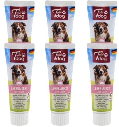 Leberwurst | Paste für Hunde | 6 x 75 g | Ohne Zucker & Getreide | Tubi Dog | Ergänzungsfuttermittel | Für Belohnung, Training, Topping und einfache Tablettengabe | Monoprotein | 6er Pack