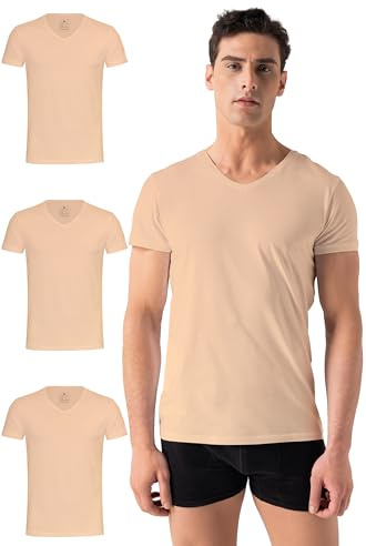 Burnell & Son Herren T-Shirt 3er Pack V-Ausschnitt Unterhemd Herren - Stretch - Kurzarm Shirt Männer aus Baumwolle Basic Slim Fit Hautfarben L