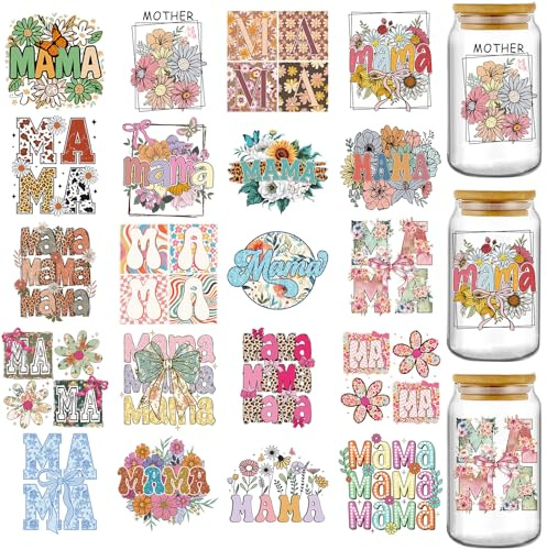 JoyAura Rub on Transfers for Crafts - 20 Sheets Mothers Day UV DTF Cup Wraps Bow Glass Stickers for 16 oz Water Bottle Mum Day Birthday Gift Decal Decor
