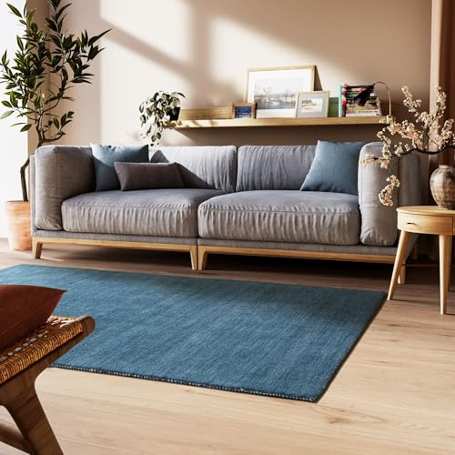 Steffensmeier Gabbeh Teppich Nomade | Wolle (Schurwolle) Blau, Größe: 65x135 cm Kurzflor für Wohnzimmer, Flur, Ethno Look