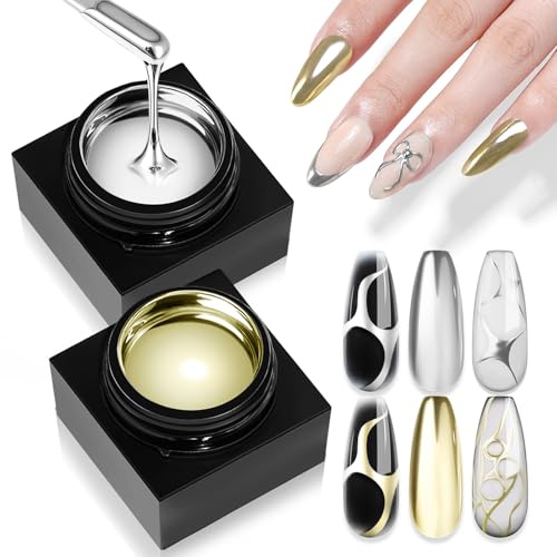SAVILAND Silver & Gold Metallic Gel Nail Polish Set Mirror Effect Hema-free | High-Shine Chrome Gel Polish for Nail Art 3D Effect Soak Off U V LED Painting Drawing gel for Beginners Home DIY Salon Use