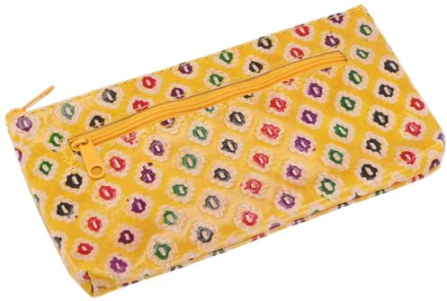 GURU SHOP Mäppchen aus geprägtem Leder, Kosmetikbeutel, Federtasche, gelb | 100 % Leder, zwei Reißverschlussfächer, ideal für Stifte und kleine Gegenstände, vielseitig einsetzbar