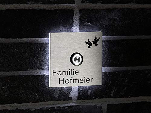 Beleuchtete Edelstahl Türklingeln mit Gravur und über 100 Motive | Gravierte Klingelplatte mit Led-Beleuchtung Größe: 10x10 cm Klingel-Taster Klingelschild Namen