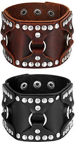 Flongo Herrenarmband Männer Armband Lederarmband, Groß breit Leder Armband Armreif mit Silber Nieten Braun Schwarz Herren-Accessoires Punk Rock Biker Größen verstellbar 2 Stück