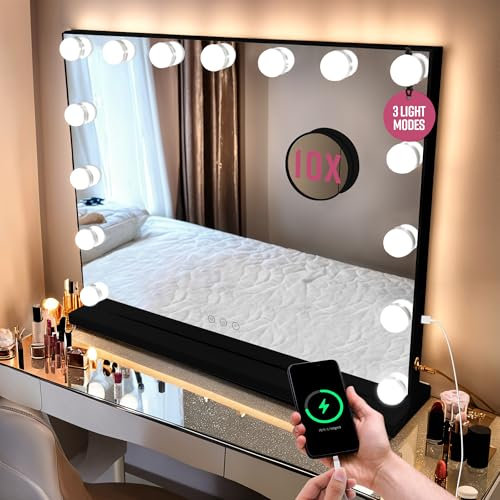 GloBrite Hollywood Vanity Mirror with Lights - 15 LED Bulbs - 3 Lighting Modes, 10x Magnification, Touch Control, USB Charging, Wall/Tabletop, Mirror for Dressing Table, Bathroom or Bedroom - Black