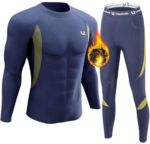 UNIQUEBELLA Thermal Underwear Men Set Long Sleeve Tops Long Johns Thermal Base Layer Bottom Fleece Lined Quick Drying for Workout Skiing Running Hiking, Blue 1, L