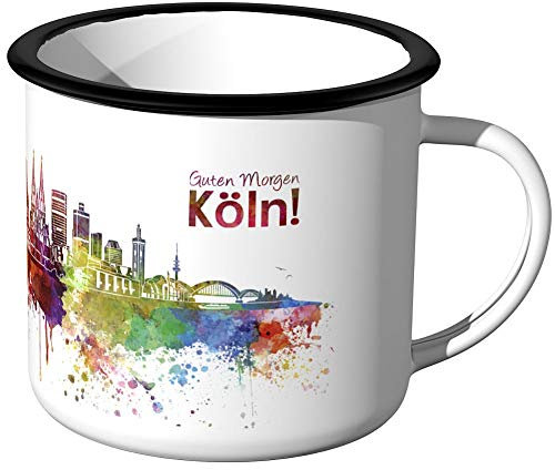 JUNIWORDS Emaille-Tasse, Guten Morgen Köln, Skyline Aquarell, Silberner Tassenrand