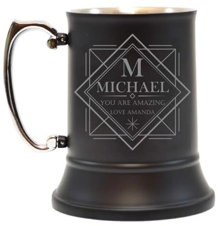 Personalised Metal Tankard Beer Stein | Stainless Steel Square Engraved Black Beer Mug | Personalised Gift for Birthdays Anniversaries Weddings | Customise with Any Initial, Name or Message, 500 ml