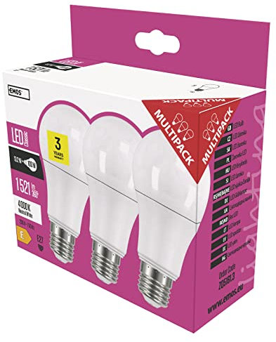 EMOS LED Lampe 3er Pack, 13,2 W Ersatz für 100 W Glühbirne, A60, E27 Sockel, Helligkeit 1 521 Lumen, Neutralweiß 400 Kelvin, 30000 Stunden Lebensdauer, CRI min. 80, 180° Abstrahlwinkel