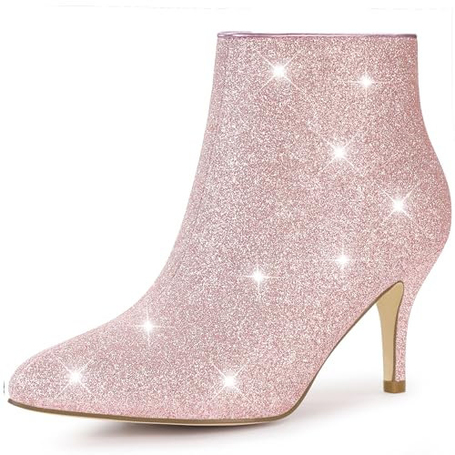 Allegra K Femme Bottines à Talon Aiguille et Bout Pointu Scintillantes Rose Clair 36