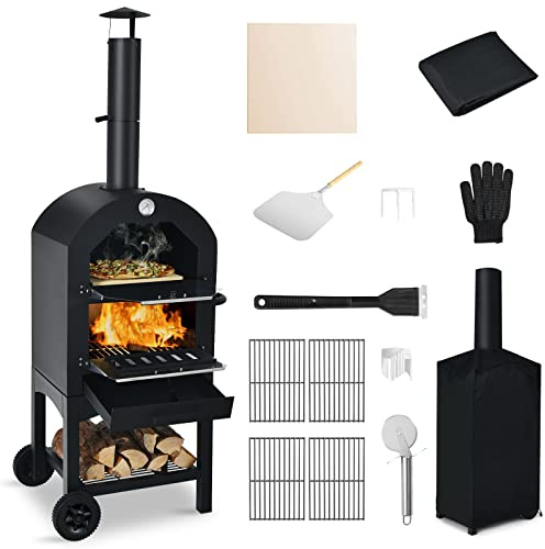 COSTWAY Four à Pizza Extérieur au Charbon, Four à Pizza Mobile avec Pelle, Pierre, Housse, Gants, Brosse, 5 Support, Couteau Cheminée et Thermomètre Double, Noir