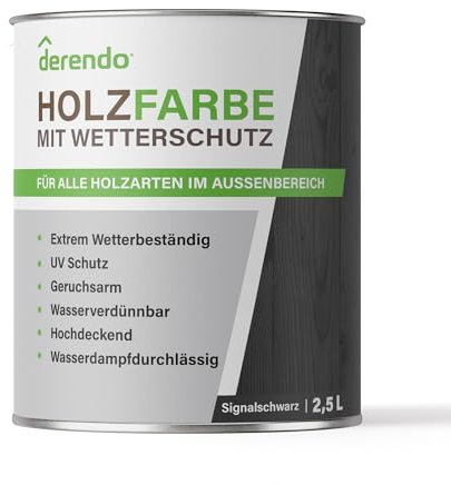 derendo Holzfarbe schwarz außen wetterfest Wetterschutzfarbe Langzeitschutz 2,5L RAL 9004 seidenglänzend Holzlack signalschwarz Außenbereich Holzschutzlasur hohe Deckkraft