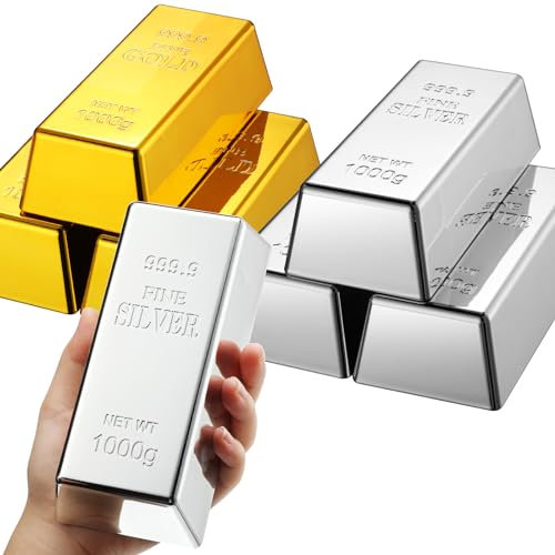 HyDren 6 Stück gefälschte Goldbarren Replik Golden Brick Bullion Glitzernde Filmrequisite für Bühnendekoration Piratenkostüm Zubehör Neuheit Geschenke Papierbeschwerer Türstopper, Silberfarben,