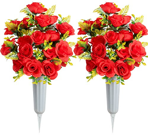 SIFOEL 2 Piezas de Flores de Cementerio conmemorativo Artificial con jarrón para decoración de lápidas de Cementerio (Red)
