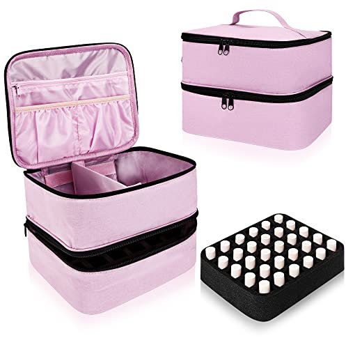 Nagellack Aufbewahrung Tasche, Doppelschichtige Nagellack Organizer, Tragbare Tragetasche für Nageldesign Kosmetiktasche Zubehör für 30 Flaschen(15ml-0.5 FL.oz) und 1 Nagellampe (Pink)
