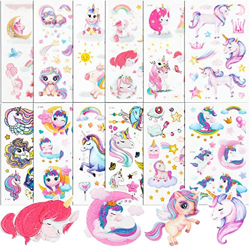 12 Blatt Einhorn Glitzer Tattoos Set Kinder Mädchen Temporäre Kindertattoos Fake Tattoo zum aufkleben Hautfreundlich Glitzertattoos als Geschenk Mitgebsel für Kindergeburtstag