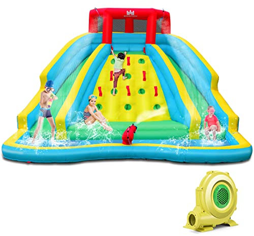 COSTWAY Tobogán Inflable, Parque de Agua Inflable, Parque de Agua Inflable para Niños con Piscina de Chapoteo, Pared de Escalada, Cañón de Agua, Toboganes y Piscina de Chapoteo (con Soplador de 680W)