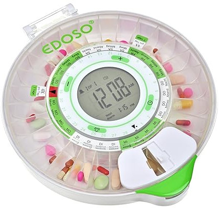 EDOSO Automatische Box für Medikamente Tabletten Ginkgo Biloba Ergänzungsmittel | Bei Vergesslichkeit im Alter oder leichter Demenz | 9 Alarme | Großes Display | Deutsche Ringe (Transparent)