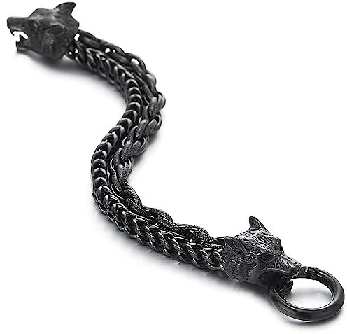 COOLSTEELANDBEYOND Herren Biker Edelstahl Schwarz Doppel Wolfskopf Panzerkette Geflochtene Seil-Kette Armband O-Ring Federringverschluss