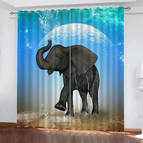 GIOVIA 3D Elefant Vorhänge Abdunkelnde mit ösen 2 Stücks Gardinen Blickdicht Verdunkelungs Meer Planet Kälteschutz Scheibengardinen für Junge Mädchen Schlafzimmer B 234 X H 183 cm