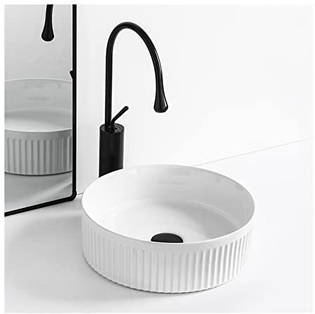 Bathroom Sink/Waschbecken Bad 35,6 cm, weißes, rundes Badezimmer-Waschbecken, modernes Aufsatzwaschbecken, Porzellan-Keramik-Waschbecken, Kunstbecken mit Wasserhahn, Waschbecken for Badezimmer Badwasc
