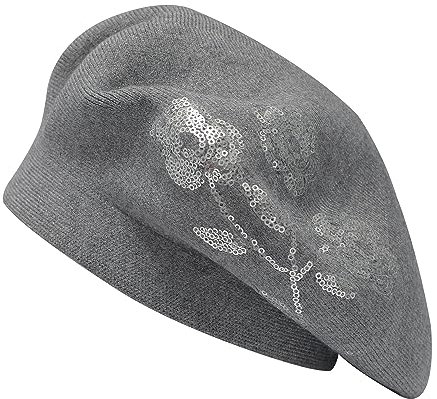 ZLYC Damen Winter Baskenmütze Französische Barett Doppelschicht Warm Beret(Paillettenblumen Grau)