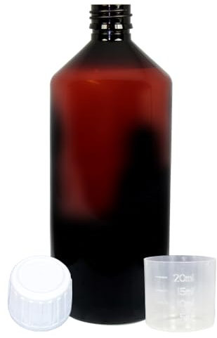 Lot de 2 bouteilles de laboratoire marron de 1 litre en PET avec bouchon à vis blanc et verre doseur de 20 ml | Bouteille en plastique PET marron pour cosmétiques, aliments et liquides