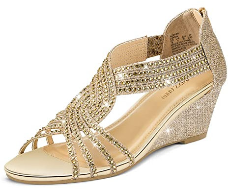 PIZZ ANNU Sandalen Damen Glitzer Strass Sandaletten mit Keilabsatz Reißverschluss Plateau Sommer Frauen Schuhe Keilsandalen Elegant Bequem Sommerschuhe Gold EU 36