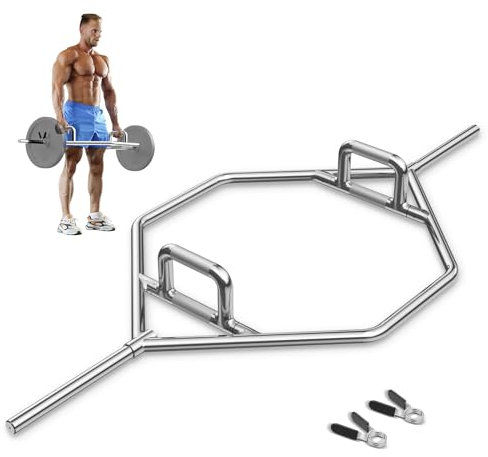KOMFOTTEU Trap Bar, 142cm Hantelstange mit klappbarem Griff, Hex Bar aus Stahl mit Federverschluss, Hexagon Stange bis 226 kg für Kniebeugen, Kreuzheben