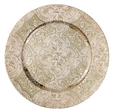 Inge-glas Dekoteller Kunststoff 33cm mit geprägten Ajour Ornamenten - bruchsicher & elegant - Runder Deko Platzteller - Tischdeko Teller Dekoschale als Weihnachtsdeko Hochzeitsdeko - Gold